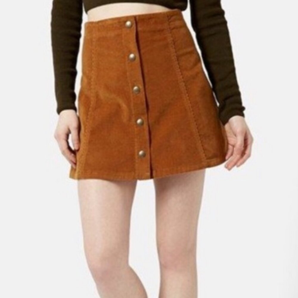 Miss Selfridge Corduroy Skirt High Rise Waist Mini Button Front Burnt Orange 2